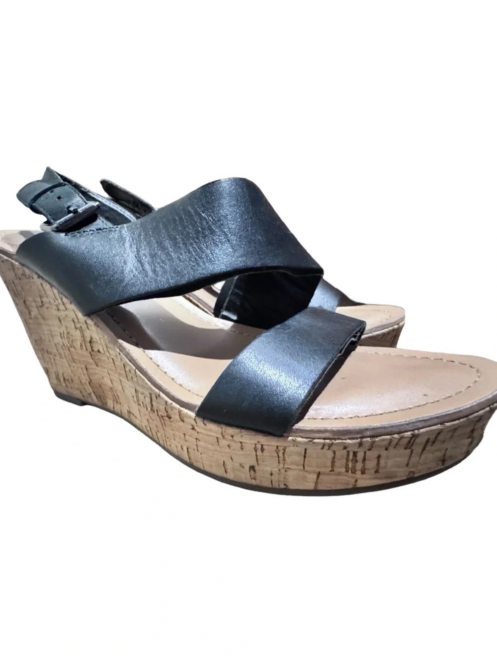 Franco Sarto Black Leather Twist-Strap Wedge Sandals
